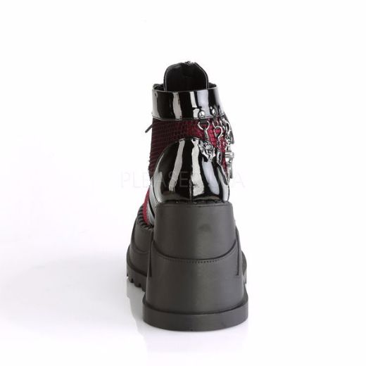 Product image of Demonia Stomp-18 Black Patent-Burgundy Velvet, 4 3/4 inch Platform Ankle Boot