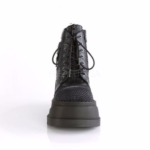 Product image of Demonia Stomp-18 Black Vegan Leather-Grey Velvet, 4 3/4 inch Platform Ankle Boot