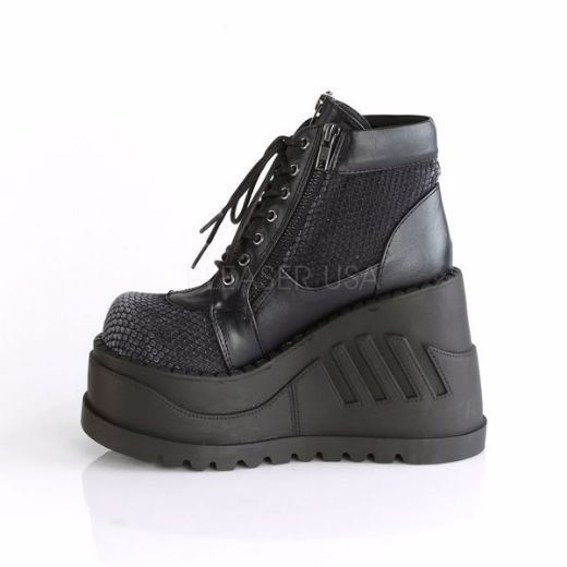 Product image of Demonia Stomp-18 Black Vegan Leather-Grey Velvet, 4 3/4 inch Platform Ankle Boot