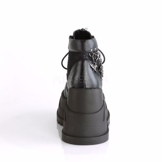 Product image of Demonia Stomp-18 Black Vegan Leather-Grey Velvet, 4 3/4 inch Platform Ankle Boot
