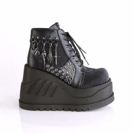Product image of Demonia Stomp-18 Black Vegan Leather-Grey Velvet, 4 3/4 inch Platform Ankle Boot