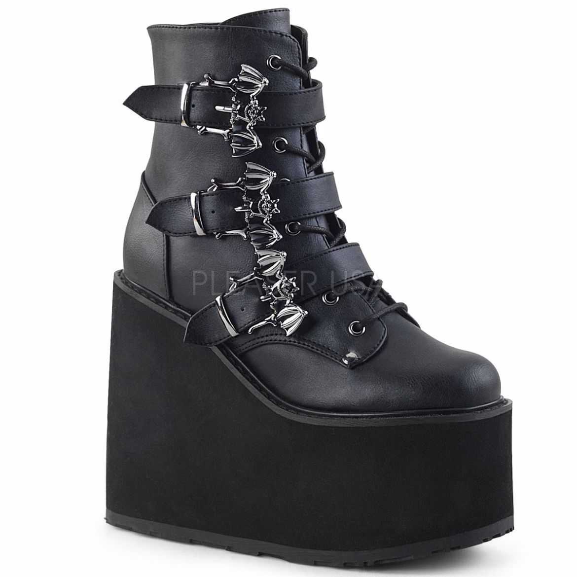 Product image of Demonia Swing-103 Black Vegan Leather, 5 1/2 inch Platform Ankle Boot