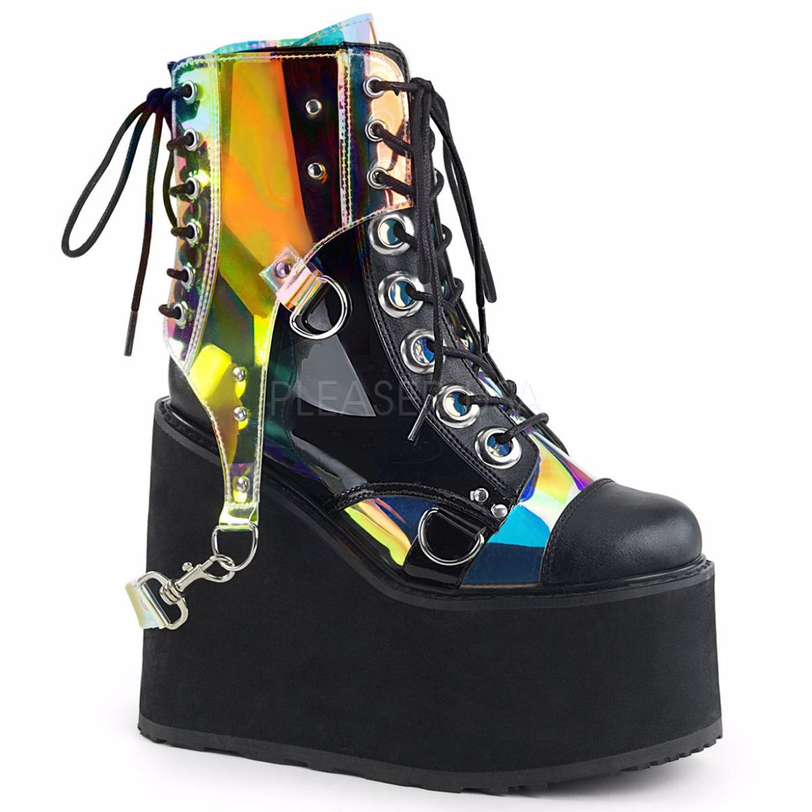 Product image of Demonia Swing-115 Black Vegan Leather-Patent-Clear Hologram Pvc, 5 1/2 inch Platform Ankle Boot
