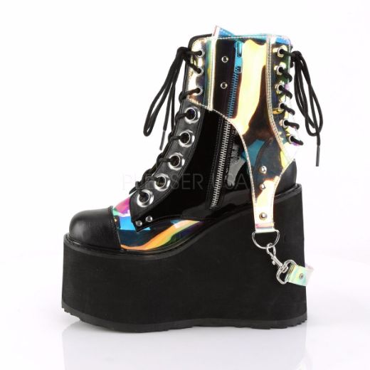 Product image of Demonia Swing-115 Black Vegan Leather-Patent-Clear Hologram Pvc, 5 1/2 inch Platform Ankle Boot