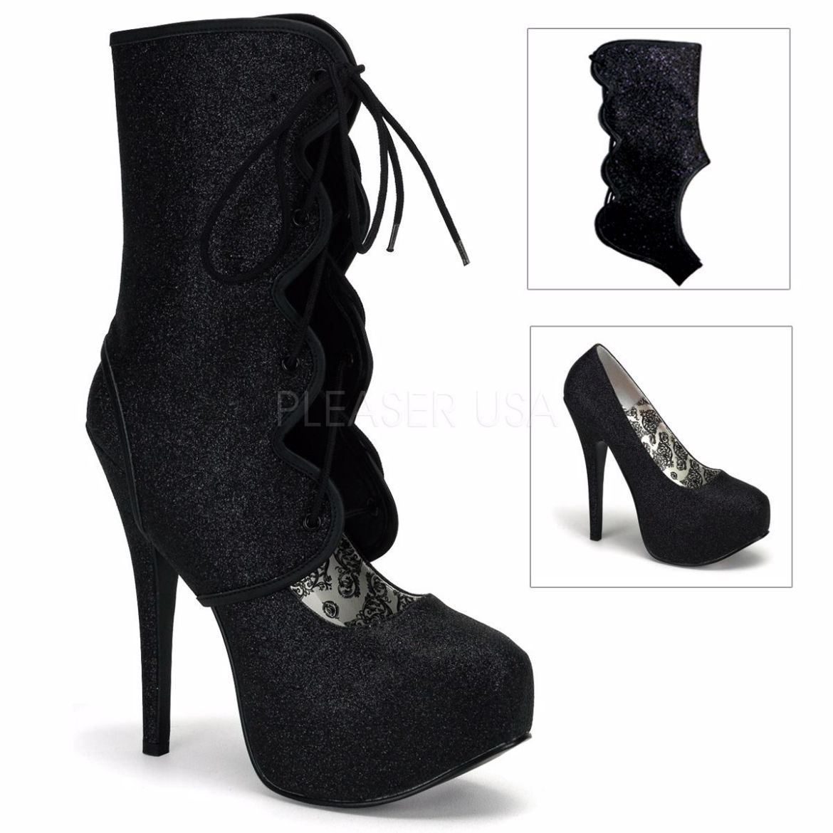 Product image of Bordello Teeze-31G Black Mini Glitter, 5 3/4 inch (14.6 cm) Heel,1 3/4 inch (4.4 cm) Platform Ankle Boot