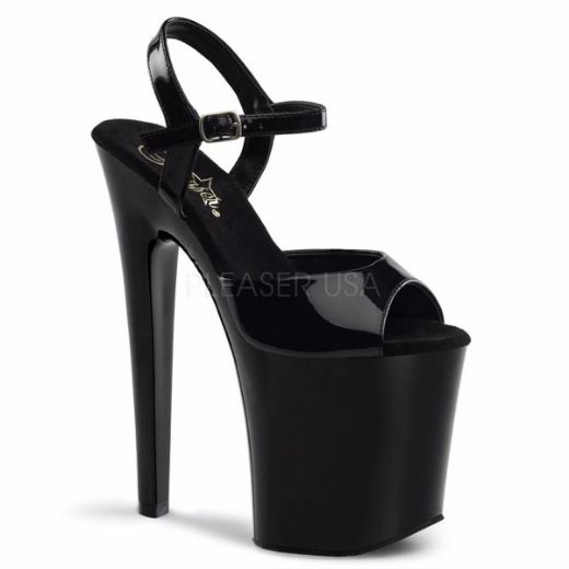 Product image of Pleaser Xtreme-809 Black Patent/Black, 8 inch (20.3 cm) Heel, 4 inch (10.2 cm) Platform Sandal Shoes