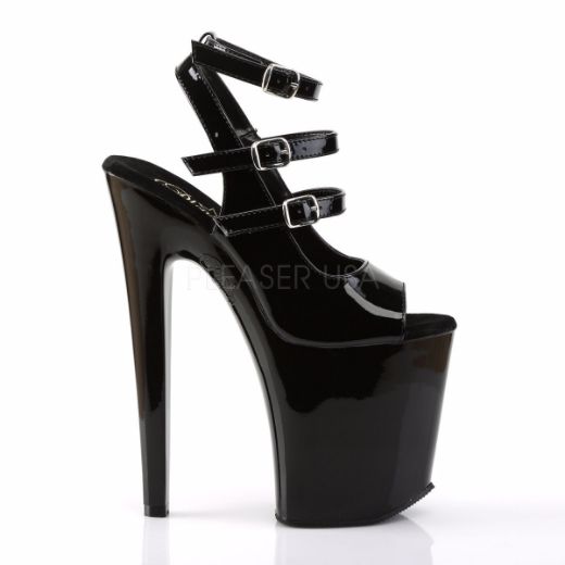 Product image of Pleaser Xtreme-873 Black Patent/Black, 8 inch (20.3 cm) Heel, 4 inch (10.2 cm) Platform Sandal Shoes