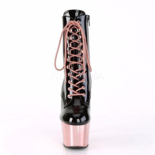 Product image of Pleaser ADORE-1020 Black Patent/Rose Gold Chrome 7 inch (17.8 cm) Heel 2 3/4 inch (7 cm) Platform Lace-Up Ankle Boot Side Zip