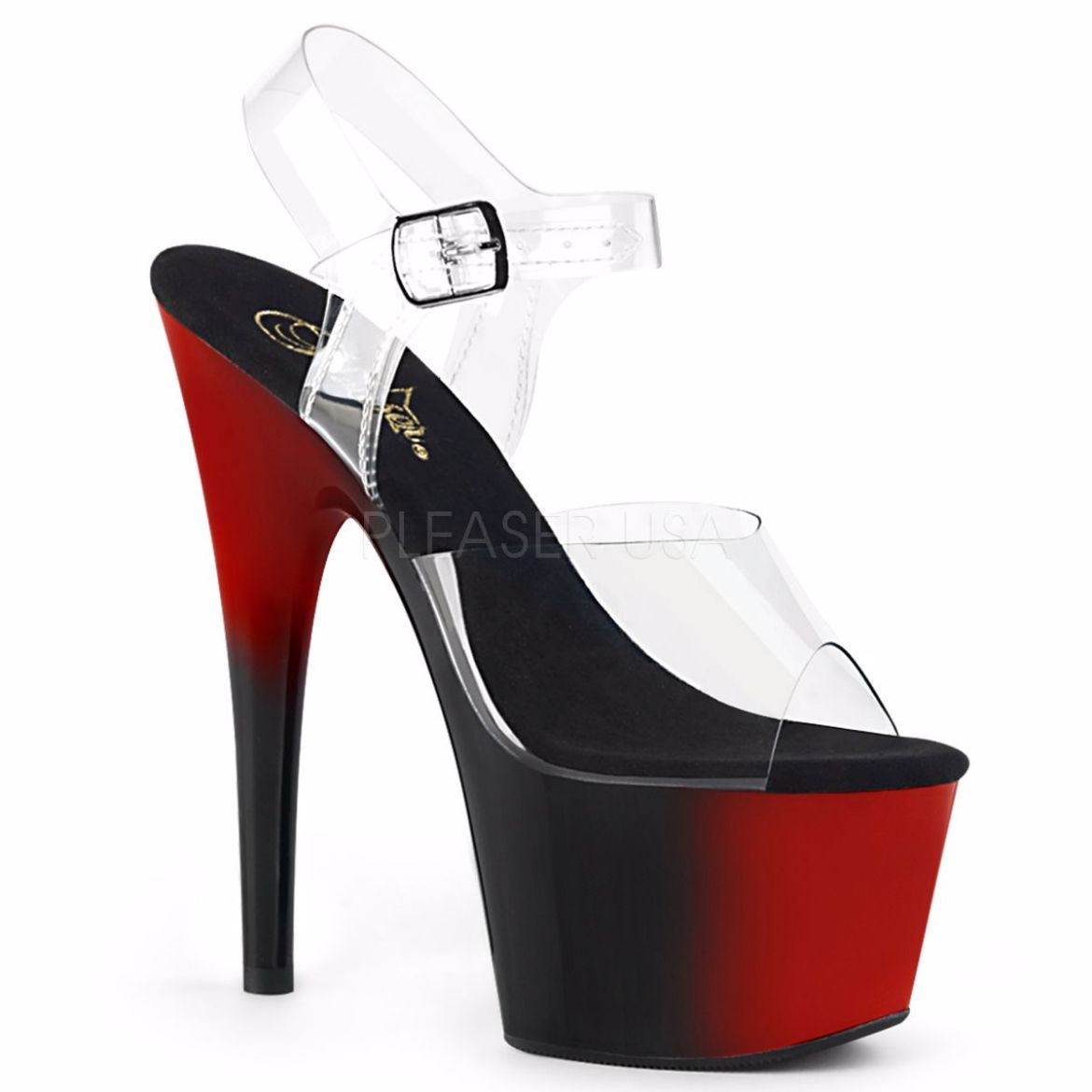 Product image of Pleaser ADORE-708BR Clear/Red-Black 7 inch (17.8 cm) Heel 2 3/4 inch (7 cm) Platform Two Tone Ankle Strap Sandal Shoes