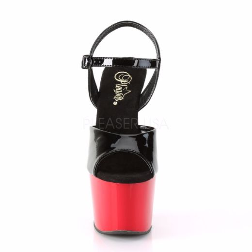 Product image of Pleaser ADORE-709 Black Patent/Red 7 inch (17.8 cm) Heel 2 3/4 inch (7 cm) Platform Ankle Strap Sandal Shoes