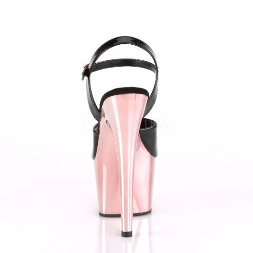 Product image of Pleaser ADORE-709 Black Patent/Rose Gold Chrome 7 inch (17.8 cm) Heel 2 3/4 inch (7 cm) Platform Ankle Strap Sandal Shoes