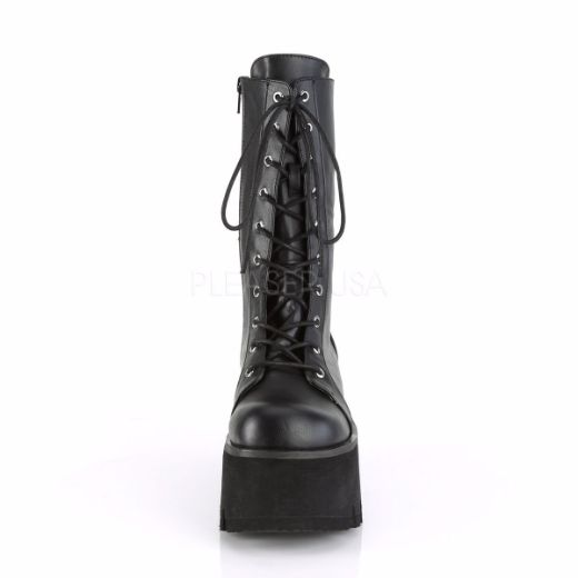 Product image of Demonia ASHES-105 Black Vegan Faux Leather 3 1/2 inch (9 cm) Chunky Heel 2 1/4 inch (5.7 cm) Platform Lace-Up Mid-Calf Bt Side Zip