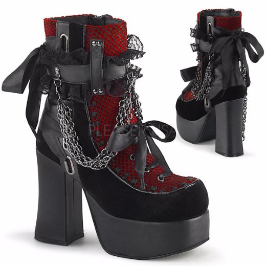 Product image of Demonia CHARADE-110 Black V Faux Leather-Red-Black Velvet-Fishnet Overlay 4 1/2 inch (11.4 cm) Heel 2 inch (5.1 cm) Platform Ankle Boot Side Zip