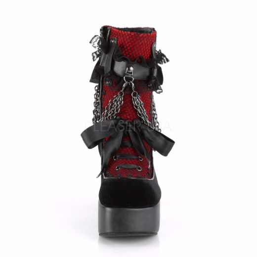Product image of Demonia CHARADE-110 Black V Faux Leather-Red-Black Velvet-Fishnet Overlay 4 1/2 inch (11.4 cm) Heel 2 inch (5.1 cm) Platform Ankle Boot Side Zip