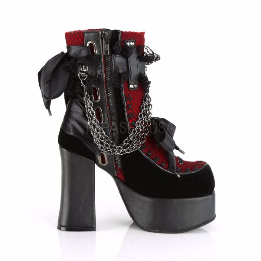 Product image of Demonia CHARADE-110 Black V Faux Leather-Red-Black Velvet-Fishnet Overlay 4 1/2 inch (11.4 cm) Heel 2 inch (5.1 cm) Platform Ankle Boot Side Zip