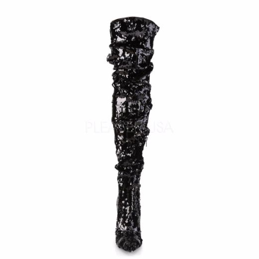 Product image of Pleaser COURTLY-3011 Black Sequins 5 inch (11.6 cm) Ruched Sequins Thigh High Boot 1/3 Side Zip Knee High Boot