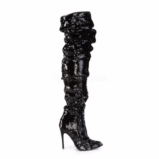 Product image of Pleaser COURTLY-3011 Black Sequins 5 inch (11.6 cm) Ruched Sequins Thigh High Boot 1/3 Side Zip Knee High Boot