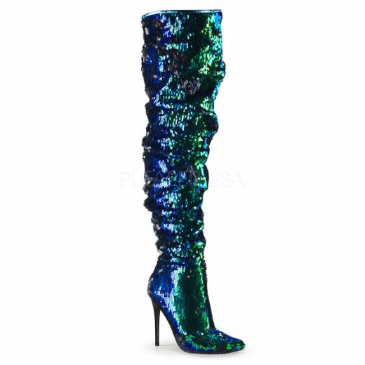 Product image of Pleaser COURTLY-3011 Green Iridescent Sequins 5 inch (11.6 cm) Ruched Sequins Thigh High Boot 1/3 Side Zip Knee High Boot