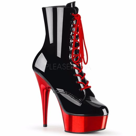 Product image of Pleaser DELIGHT-1020 Black Patent/Red Chrome 6 inch (15.2 cm) Heel 1 3/4 inch (4.5 cm) Platform Lace-Up Ankle Boot Side Zip