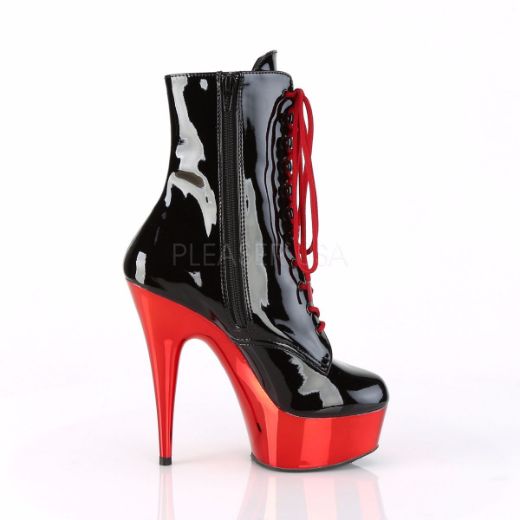 Product image of Pleaser DELIGHT-1020 Black Patent/Red Chrome 6 inch (15.2 cm) Heel 1 3/4 inch (4.5 cm) Platform Lace-Up Ankle Boot Side Zip