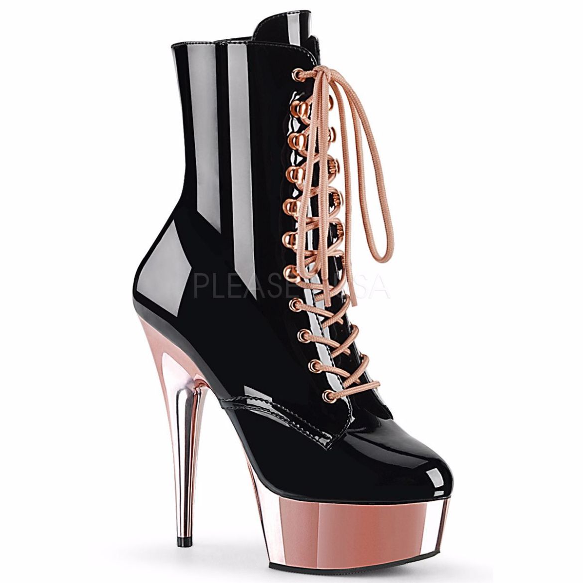 Product image of Pleaser DELIGHT-1020 Black Patent/Rose Gold Chrome 6 inch (15.2 cm) Heel 1 3/4 inch (4.5 cm) Platform Lace-Up Ankle Boot Side Zip