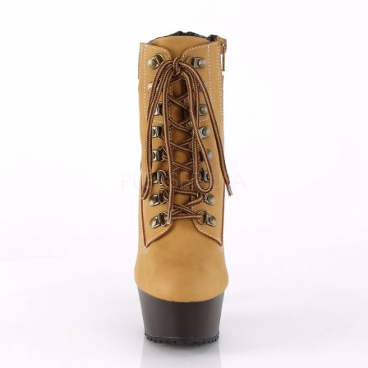 Product image of Pleaser DELIGHT-600TL-02 Tan Faux Suede Faux Leather/Dark Brown Matte 6 inch (15.2 cm) Heel 1 3/4 inch (4.5 cm) Platform Lace-Up Front Bootie Side Zip