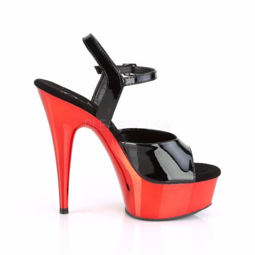 Product image of Pleaser DELIGHT-609 Black Patent/Red Chrome 6 inch (15.2 cm) Heel 1 3/4 inch (4.5 cm) Platform Ankle Strap Sandal Shoes