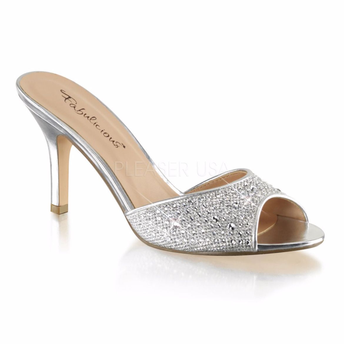 Product image of Fabulicious LUCY-01 Silver Glitter Mesh Fabric 3 1/4 inch (8.3 cm) Heel Slide Embellished With Rhinestones Glitter Slide Mule Shoes