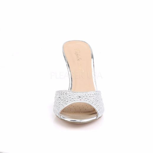 Product image of Fabulicious LUCY-01 Silver Glitter Mesh Fabric 3 1/4 inch (8.3 cm) Heel Slide Embellished With Rhinestones Glitter Slide Mule Shoes