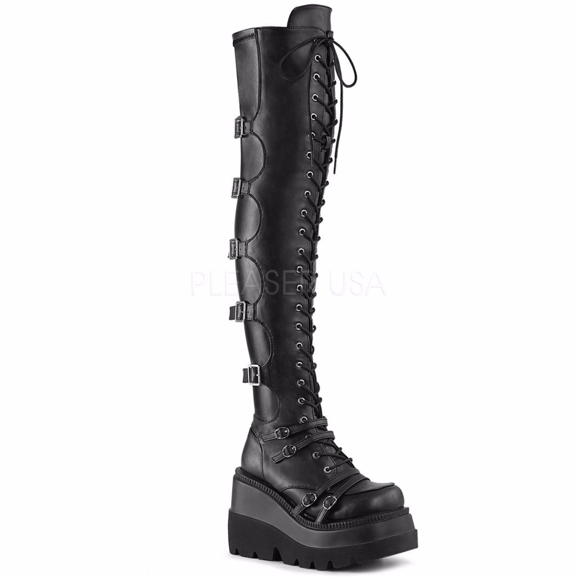 Product image of Demonia SHAKER-350 Black Veagn Faux Leather-Stretch 4 1/2 inch Wedge Platform Lace-Up Over-The Knee Boot Side Zip Knee High Boot