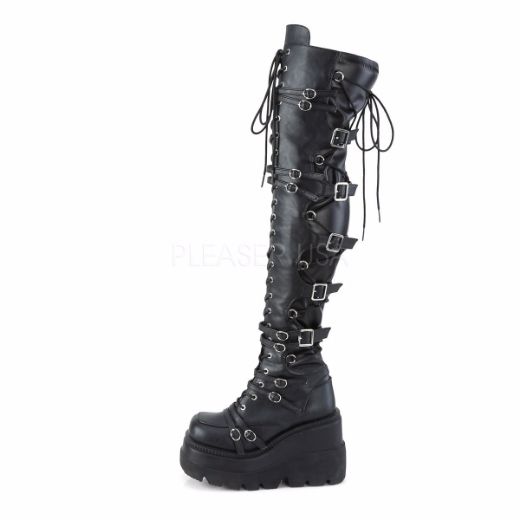 Product image of Demonia SHAKER-350 Black Veagn Faux Leather-Stretch 4 1/2 inch Wedge Platform Lace-Up Over-The Knee Boot Side Zip Knee High Boot