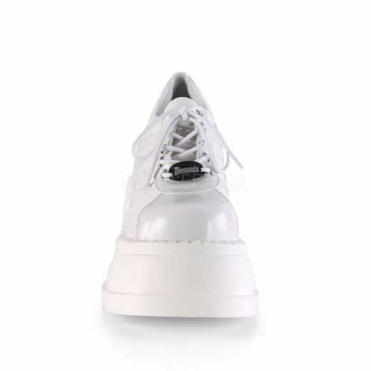 Product image of Demonia STOMP-08 White Patent-Vegan Faux Leather 4 3/4 inch Wedge Platform Lace-Up Shoe