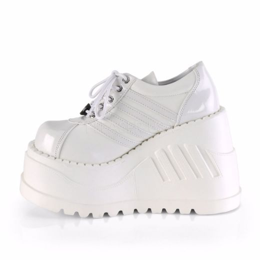 Product image of Demonia STOMP-08 White Patent-Vegan Faux Leather 4 3/4 inch Wedge Platform Lace-Up Shoe