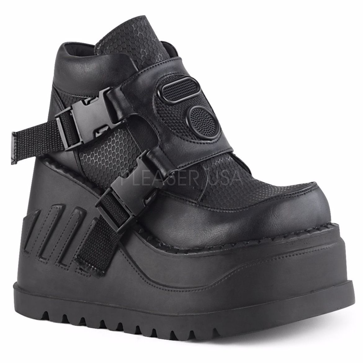 Product image of Demonia STOMP-15 Black Vegan Faux Leather 4 3/4 inch Wedge Platform Bootie With Snap Buckles Detail