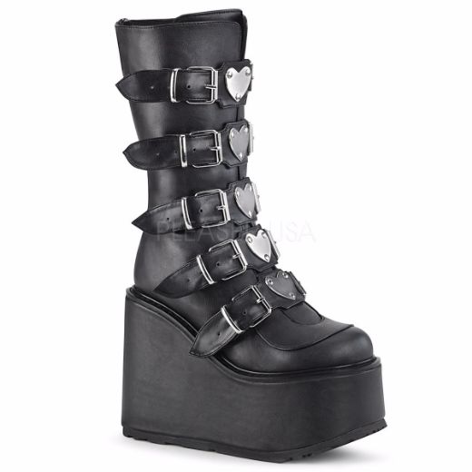 Product image of Demonia SWING-230 Black Vegan Faux Leather 5 1/2 inch Platform Mid-Calf Boot With  5 Buckles Straps Back Metal Zip