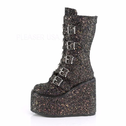 Product image of Demonia SWING-230G Black Multicolour Glitter 5 1/2 inch Platform Mid-Calf Boot With  5 Buckles Straps Back Metal Zip