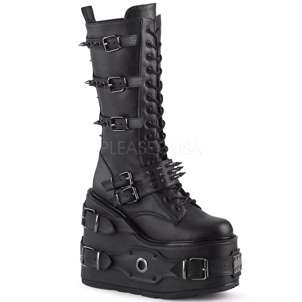 Product image of Demonia SWING-327 Black Vegan Faux Leather 5 1/2 inch Platform Lace-Up Mid-Calf Boot Side Zip Knee High Boot