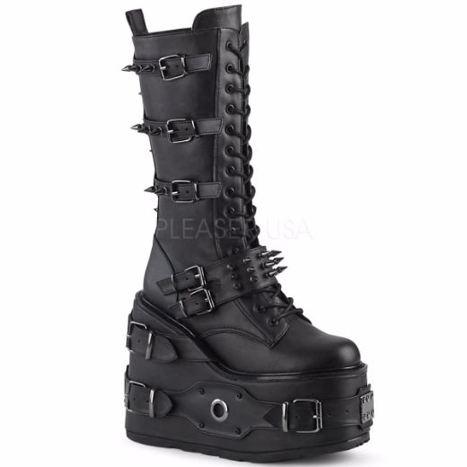 Product image of Demonia SWING-327 Black Vegan Faux Leather 5 1/2 inch Platform Lace-Up Mid-Calf Boot Side Zip Knee High Boot