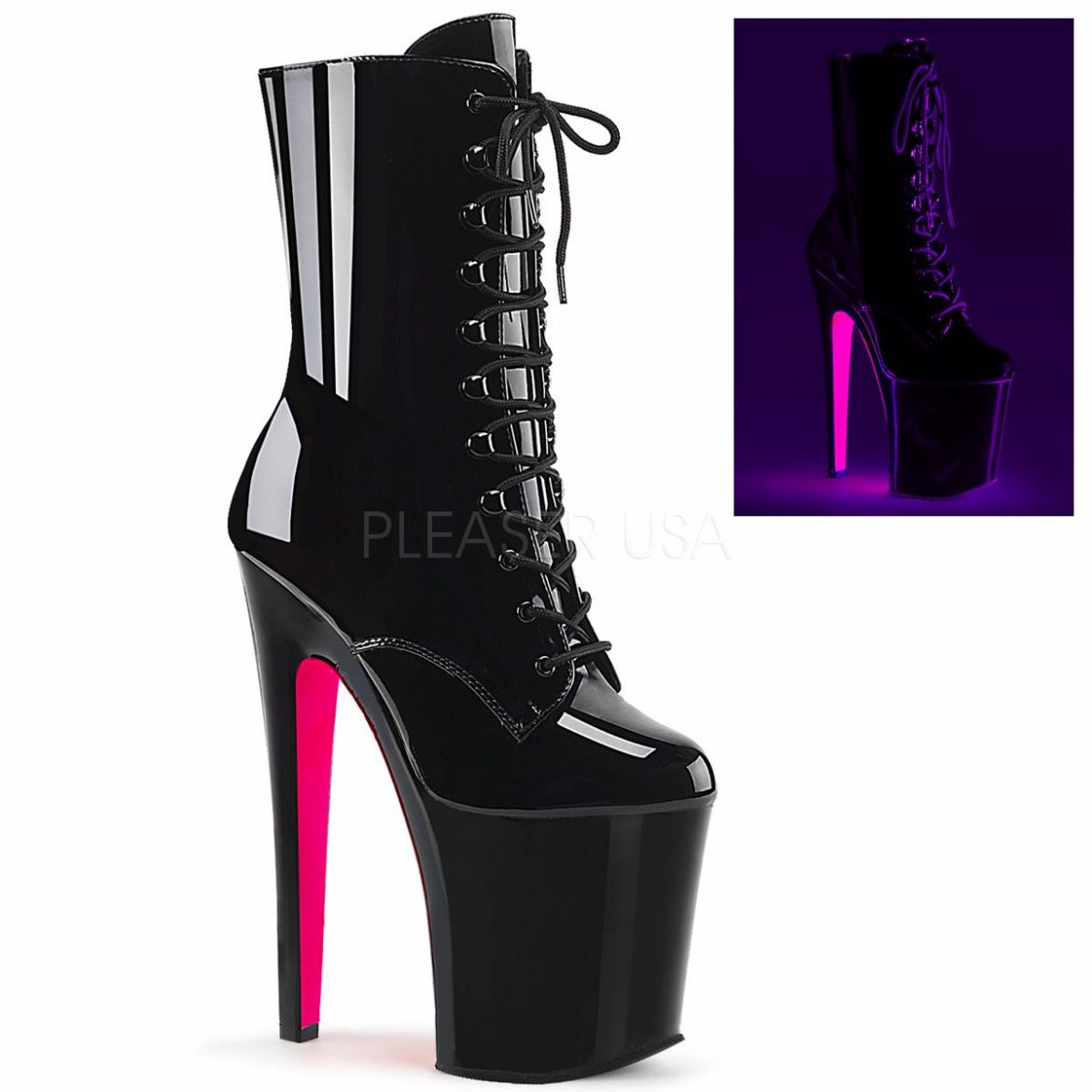 Product image of Pleaser XTREME-1020TT Black Patent/Black-Neon Hot Pink 8 inch (20 cm) Heel 4 inch (10 cm) Platform Lace-Up Two Tone Ankle Boot Side Zip