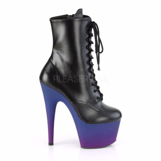Product image of Pleaser ADORE-1020BP Black Faux Leather/Blue-Purple Ombre 7 inch (17.8 cm) Heel 2 3/4 inch (7 cm) Platform Lace-Up Ankle Boot Side Zip