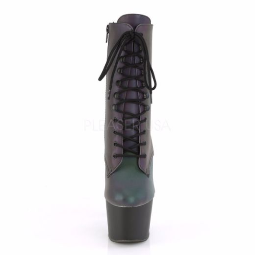 Product image of Pleaser ADORE-1020REFL Green Multicolour Reflective/Black Matte 7 inch (17.8 cm) Heel 2 3/4 inch (7 cm) Platform Lace-Up Ankle Boot Side Zip