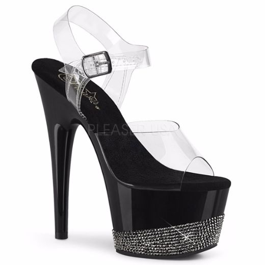 Product image of Pleaser ADORE-708-3 Clear/Black-Pewter Rhinestones 7 inch (17.8 cm) Heel 2 3/4 inch (7 cm) Platform Ankle Strap Sandal With  Rhinestones Platform Shoes
