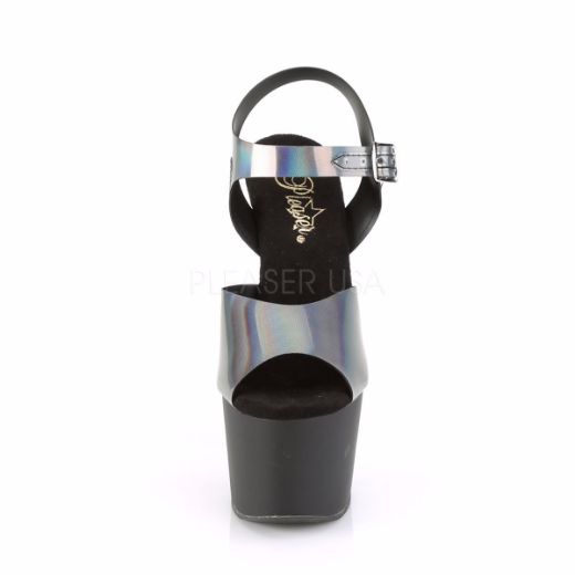 Product image of Pleaser ADORE-708N-DT Pewter Holographic Polyurethane (Pu)/Black Matte 7 inch (17.8 cm) Heel 2 3/4 inch (7 cm) Platform Ankle Strap Sandal Shoes