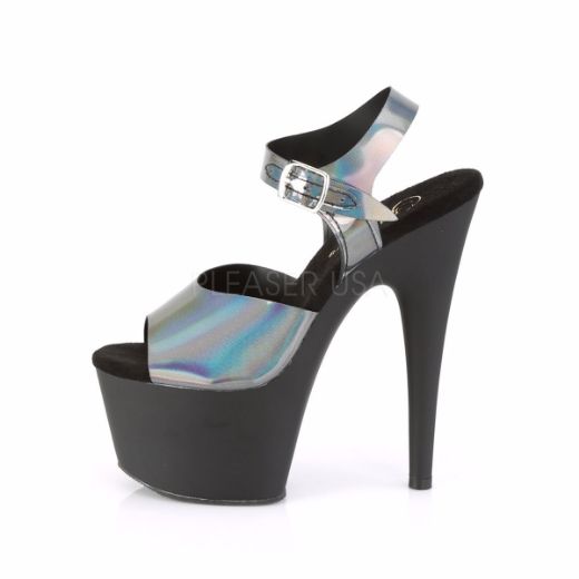 Product image of Pleaser ADORE-708N-DT Pewter Holographic Polyurethane (Pu)/Black Matte 7 inch (17.8 cm) Heel 2 3/4 inch (7 cm) Platform Ankle Strap Sandal Shoes