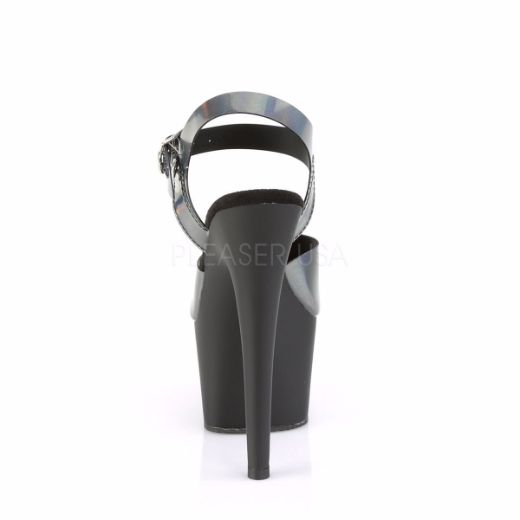 Product image of Pleaser ADORE-708N-DT Pewter Holographic Polyurethane (Pu)/Black Matte 7 inch (17.8 cm) Heel 2 3/4 inch (7 cm) Platform Ankle Strap Sandal Shoes