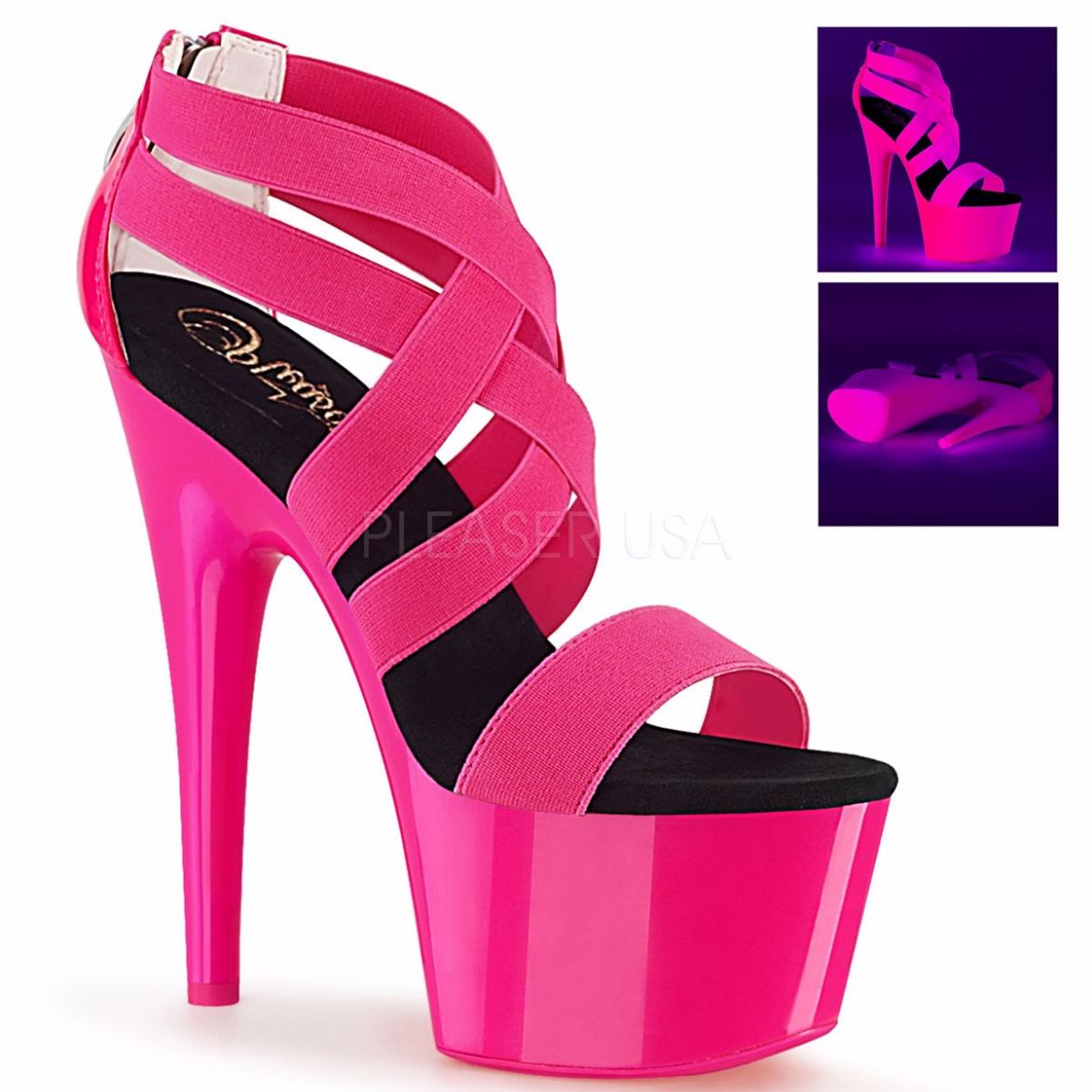 Product image of Pleaser ADORE-769UV Neon Hot Pink Elastic Band-Patent/Neon Hot Pink 7 inch (17.8 cm) Heel 2 3/4 inch (7 cm) Platform Blacklight (Uv) Reactive Criss Cross Sandal Back Zip
