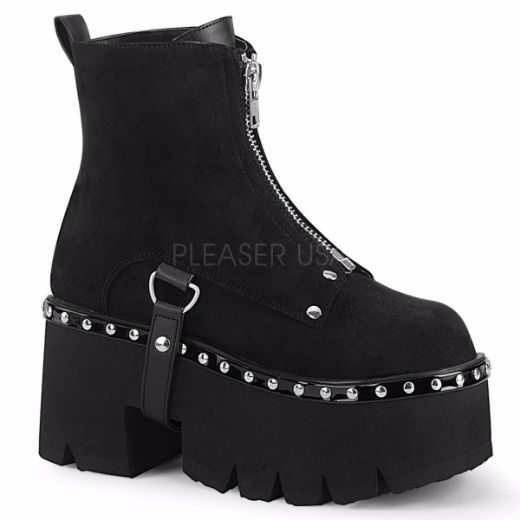 Product image of Demonia ASHES-100 Black Vegan Faux Suede-Black Vegan Faux Leather 3 1/2 inch (9 cm) Chunky Heel Cut Out Platform Ankle Boot Front Zip