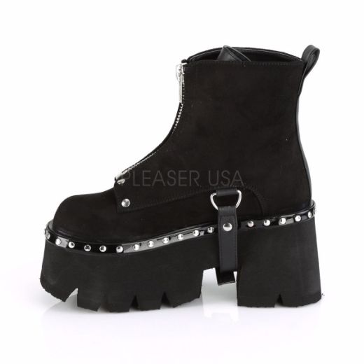 Product image of Demonia ASHES-100 Black Vegan Faux Suede-Black Vegan Faux Leather 3 1/2 inch (9 cm) Chunky Heel Cut Out Platform Ankle Boot Front Zip