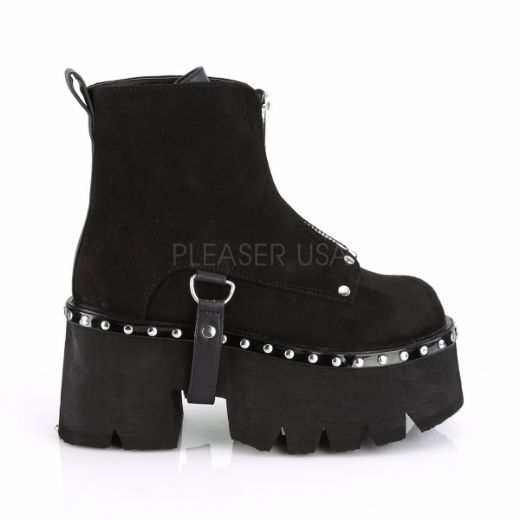 Product image of Demonia ASHES-100 Black Vegan Faux Suede-Black Vegan Faux Leather 3 1/2 inch (9 cm) Chunky Heel Cut Out Platform Ankle Boot Front Zip