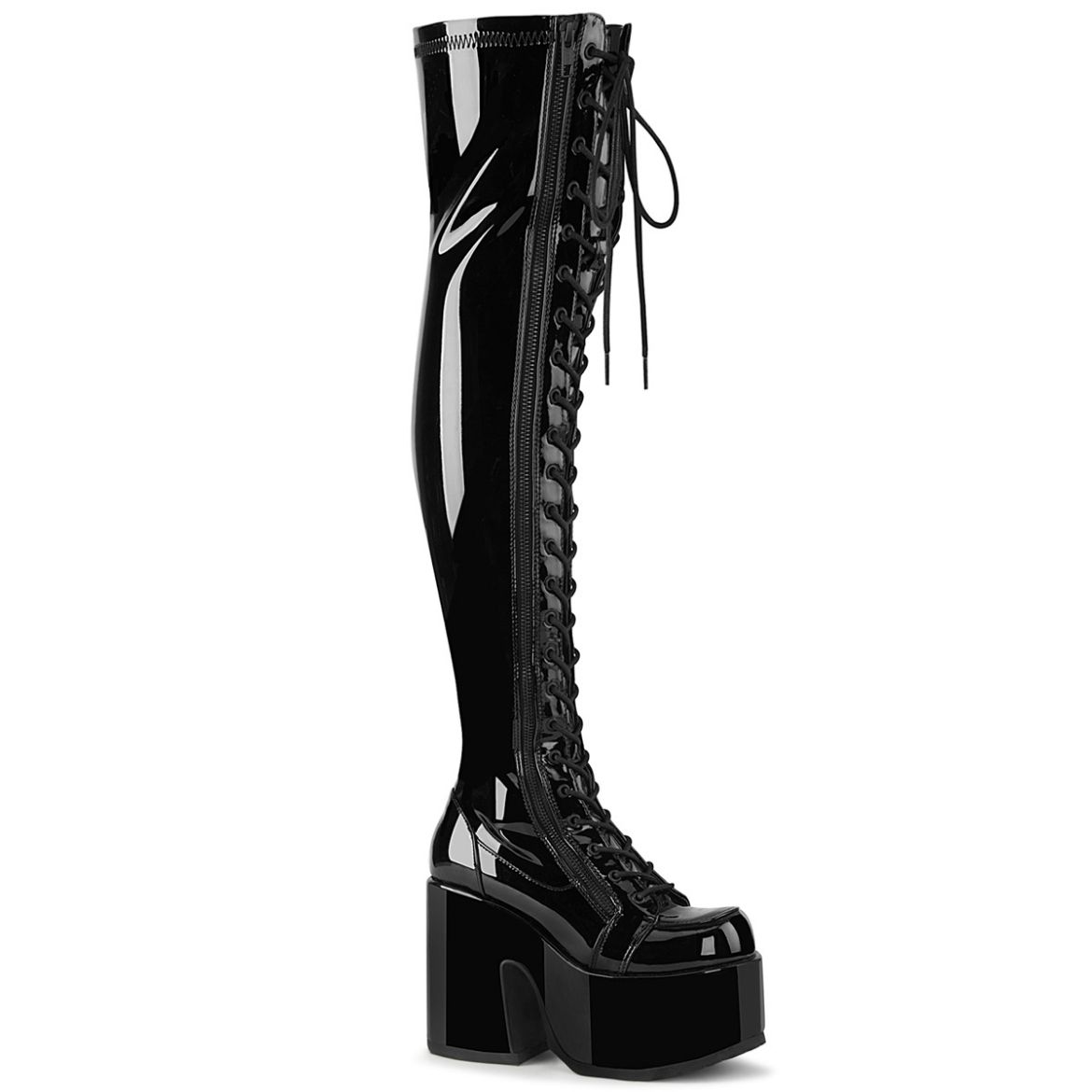 Product image of Demonia CAMEL-300 Black Stretch Patent 5 inch (12.7 cm) Chunky Heel 3 inch (7.6 cm) Platform Thigh-High Lace-Up Boot Outside Zip
